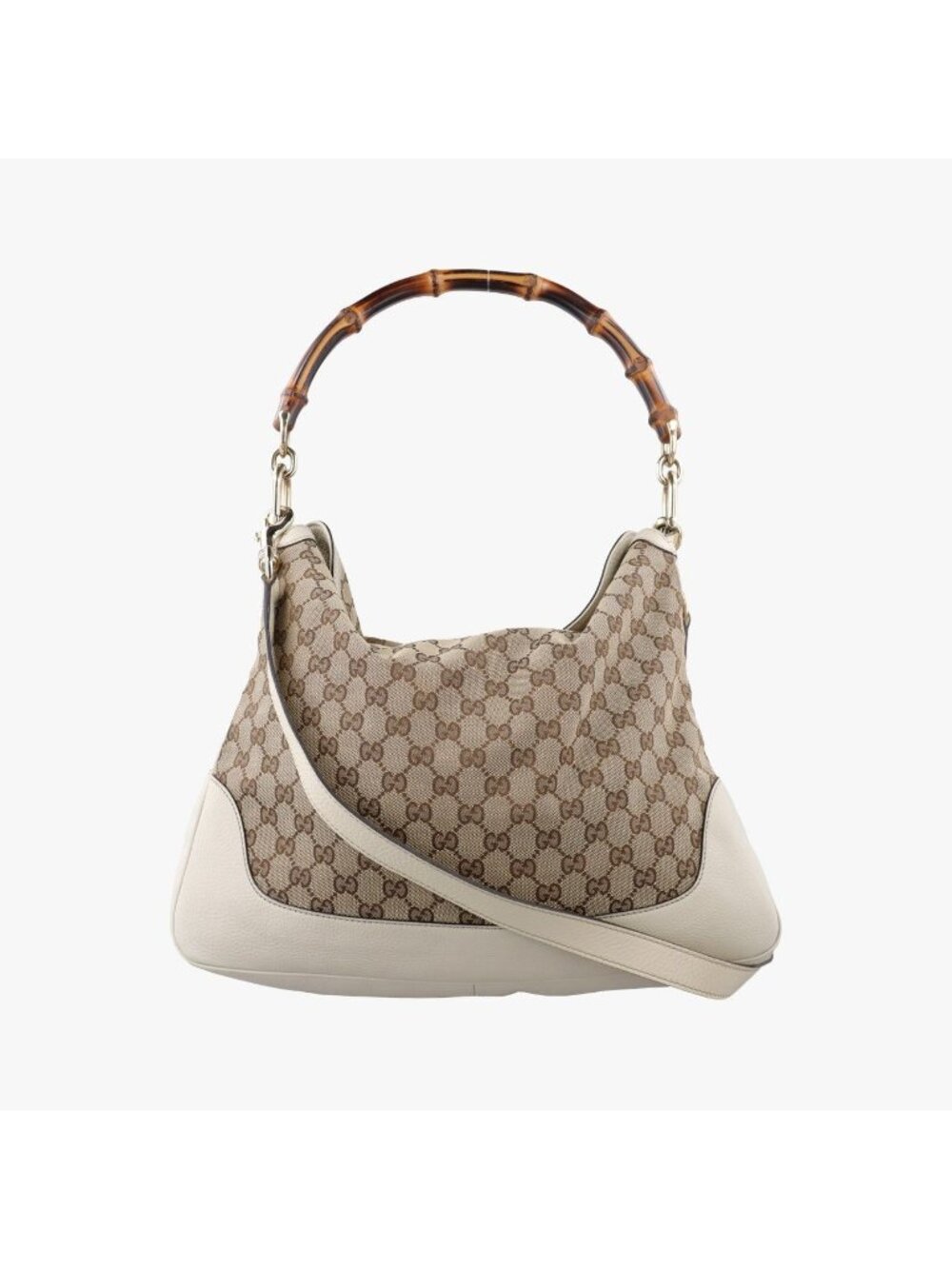 Gucci Bamboo Beige White Canvas Leather Shoulder Bag
